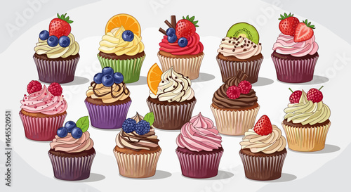 A delightful array of cupcakes topped with various fruits and colorful frosting arrangements displayed