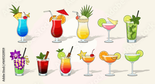 Illustration displaying a collection of ten colorful and diverse tropical cocktails in glasses