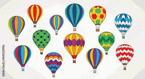 A whimsical display of colorful hot air balloons with various patterns against a light background design