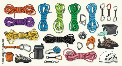 Illustration of various climbing equipment including ropes carabiners and climbing shoes arranged neatly
