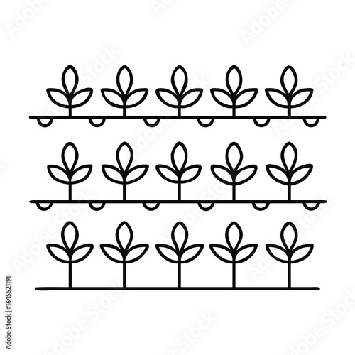 Icon of rows of growing plants, ideal for agronomy education and promoting sustainable farming practices.