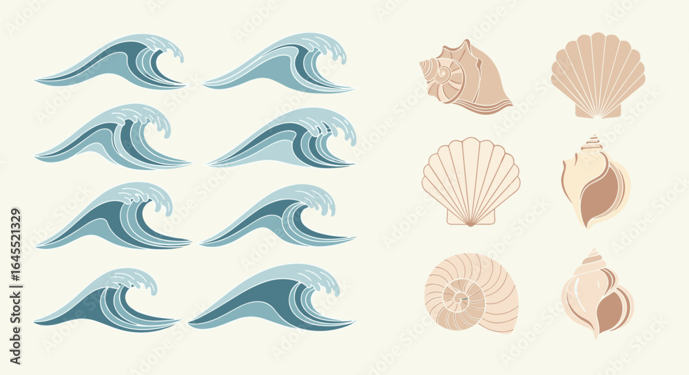 Fototapeta premium Illustration of six stylized ocean waves and six seashells in a grid pattern on a light background