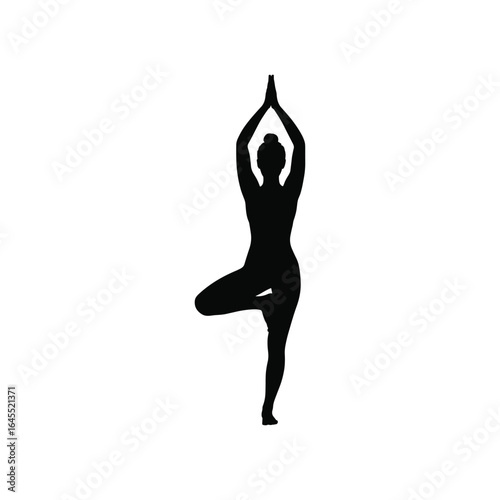 Silhouette of a woman in a yoga tree pose against a white background