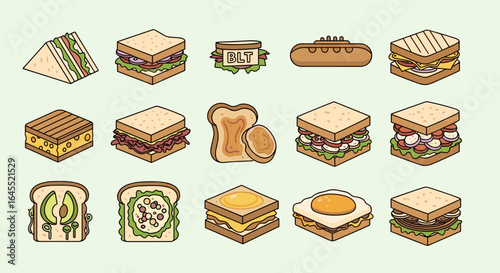 Isometric illustration of various sandwiches including blt hotdog and egg sandwiches on a light background