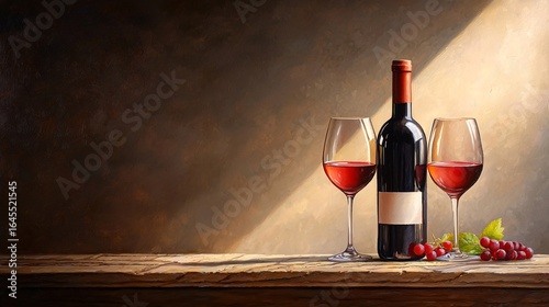 Red wine bottle and two red wine glasses