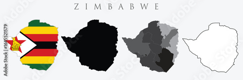 Zimbabwe map set illustrations including silhouette, outlined states, and a version with the national flag for geographic or political use. Vector isolated