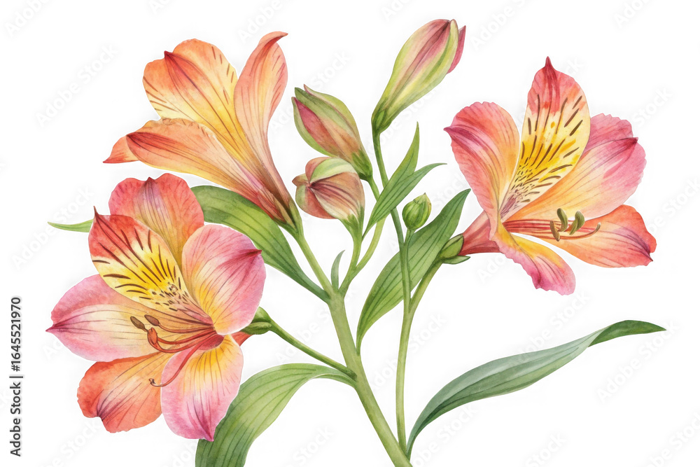 Fototapeta premium Beautiful watercolor painting of peach and pink alstroemeria flowers isolated on transparent background