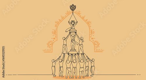 Janmashtami celebration representation with human pyramid in vector format on a yellow background