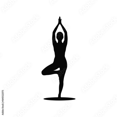 Silhouette of a woman performing a yoga tree pose against a white background