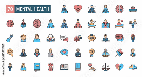 Seventy colorful icons depicting various aspects of mental health and well-being.