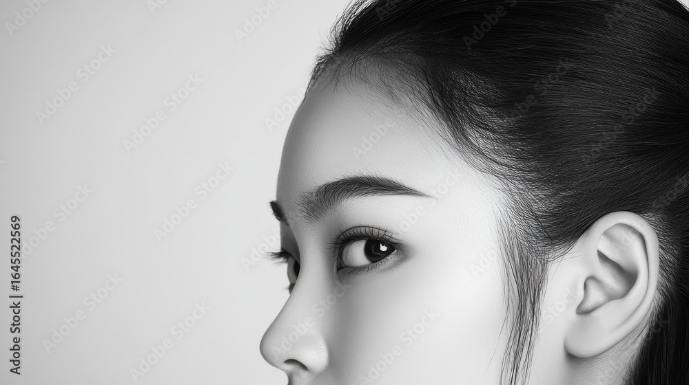 Fototapeta premium a beautiful chinese woman With a ponytail is peeking from the edge of a white background, only her half face is visible, in a simple, minimalistic style with high contrast between black and white, 