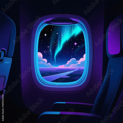Airplane Window View with Neon Glow 