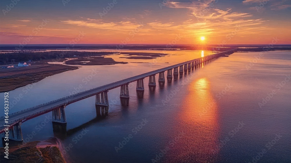 Fototapeta premium Bridge silhouette sunset drone perspective concrete beam bridge golden evening light water reflection modern engineering dramatic clouds