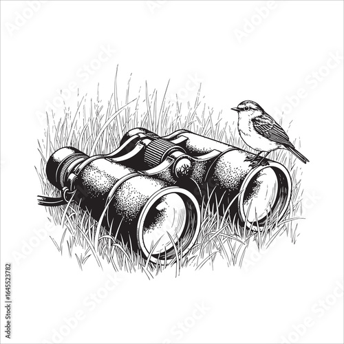 Vector art of binoculars with a bird perched on them isolated on white background