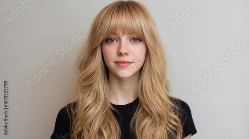 Portrait of a young woman with long wavy blonde hair and bangs