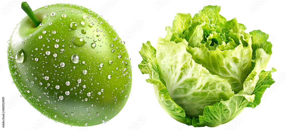 Obraz premium Collection of green apple with water drops and fresh lettuce head isolated on white background