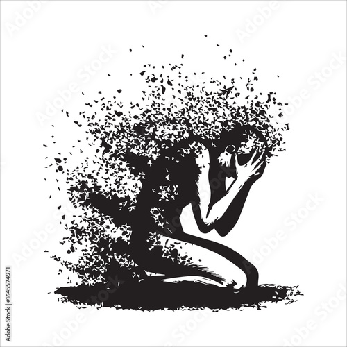 Vector art of depressed woman kneeling with head in hands isolated on white background