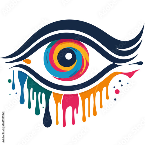 Vibrant eye logo with colorful drops and dynamic curves. Perfect for design studios, creative brands, or visual identity projects.