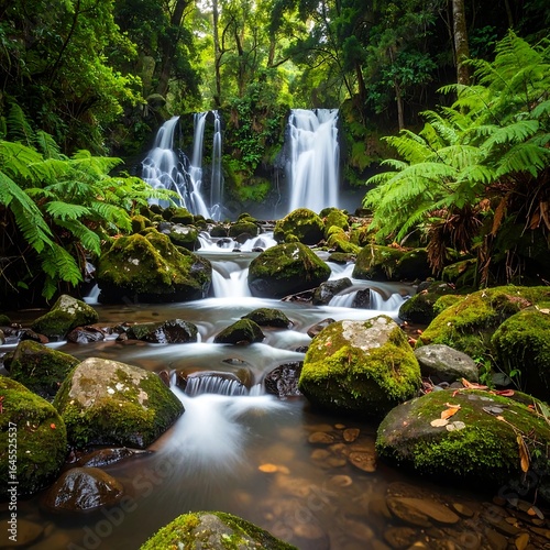 Lush waterfall cascading through mossy rocks