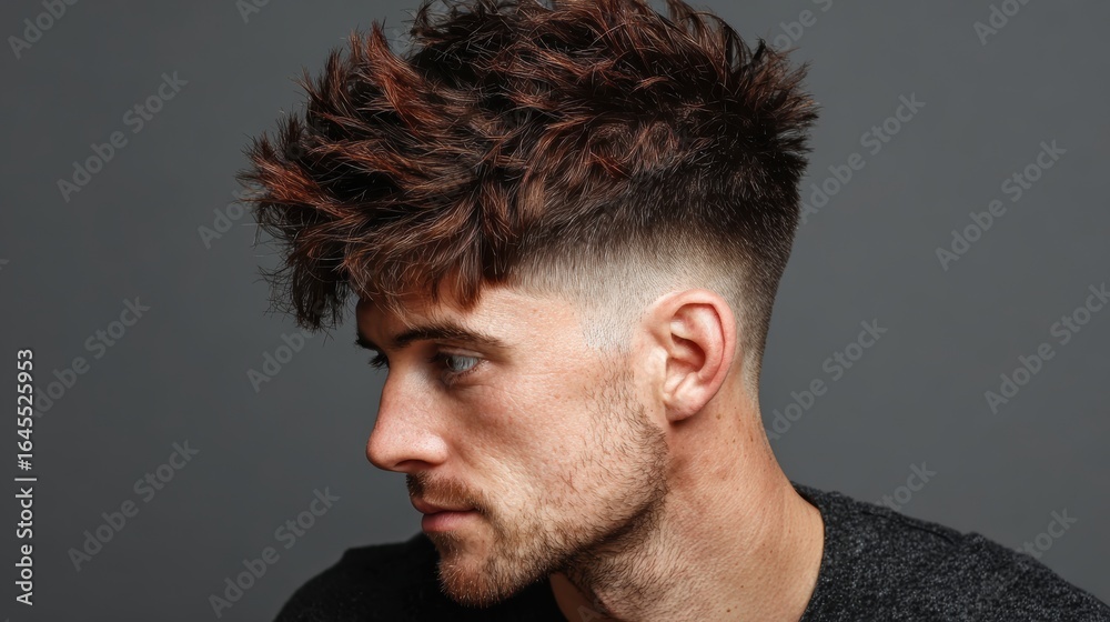 Fototapeta premium Side profile of a man with a textured messy fade haircut