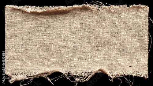 A rectangular swatch of light beige, loosely woven fabric with frayed, uneven edges against a black background.  The texture is rough and slightly coarse