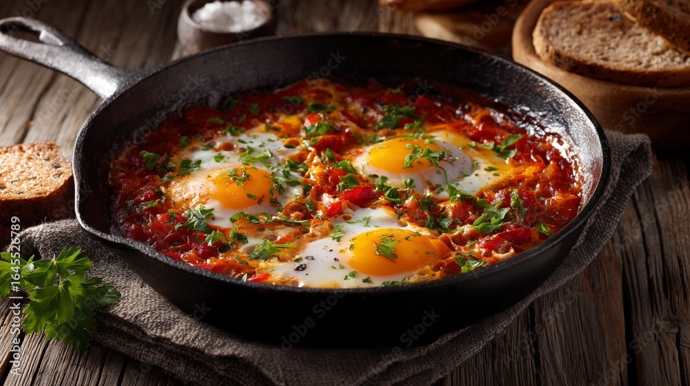 Traditional Shakshuka with Poached Eggs in Spiced Tomato Sauce Served in Cast Iron Skillet on Rustic Wooden Table Traditional Shakshuka with Poached Eggs in Spiced Tomato Sauce Served in Cast Iron Skillet on Rustic Wooden Table