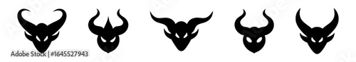 Five stylized demonic heads.