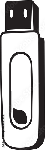 Hand-drawn monochrome vector graphic of a portable flash drive. Simple isolated USB memory stick icon for digital data storage. Retro computer technology concept illustration. 98 Pe.eps style artwork.