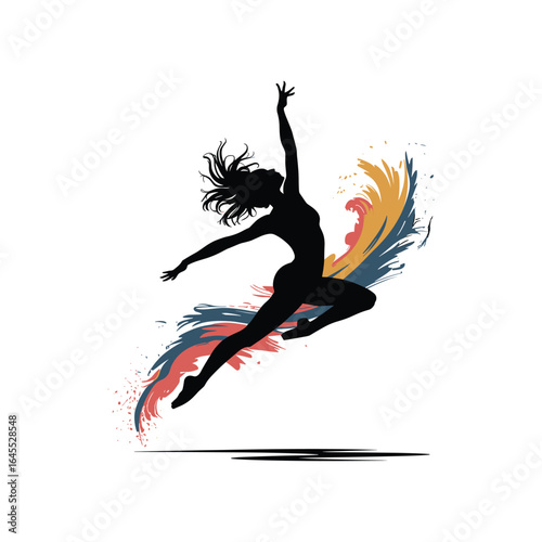 Silhouette of a dancer leaping with colorful abstract brushstrokes