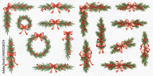 A festive collection of Christmas decorations featuring evergreen wreaths, garlands, and swags adorned with red bows and berries.