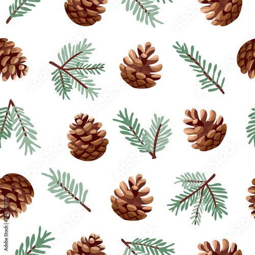 Seamless pattern with pine cones and branches. Christmas pattern for packaging, textile and printing. Vector illustration on isolated background.