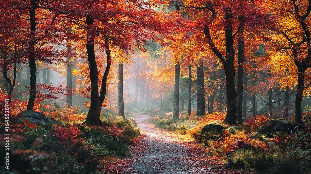 Fototapeta premium Vibrant autumn forest path winding through crimson amber golden foliage, morning mist sunbeams on leaf carpet, shallow DOF 8K ultradetailed