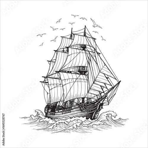 Illustration of a sailing ship on the sea isolated on white background