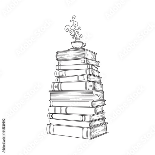 Vector art of stack of old books with a cup of tea isolated on white background