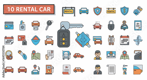 Colorful icons depicting rental car services, including vehicles, keys, contracts, and location markers.