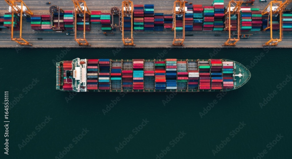 Obraz premium Full-view cargo ship in a harbor.