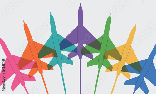 Colorful fighter jets flying formation abstract illustration planes aircraft