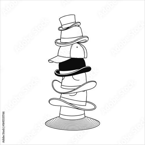 Vector art of stack of various hats isolated on white background for design and decoration