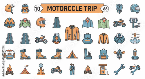 Collection of flat design icons depicting motorcycle trip essentials.
