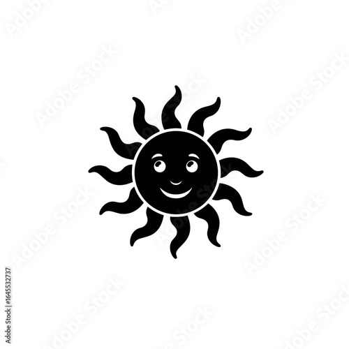Vector icon of a smiling sun with a friendly face and wavy solar rays, representing joy, warmth, and childhood energy.
