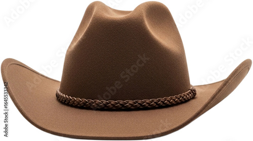 Billede på lærred Classic brown cowboy hat with intricate braided band resting on a rustic wooden