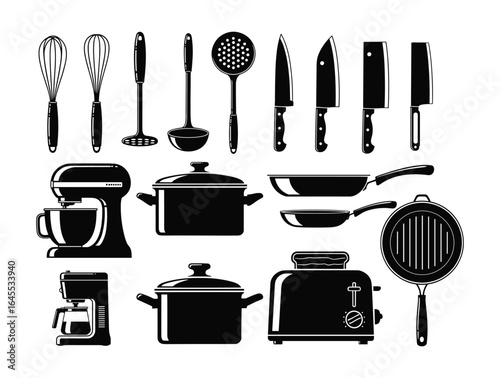 Black Silhouette Icons of Kitchen Utensils and Appliances