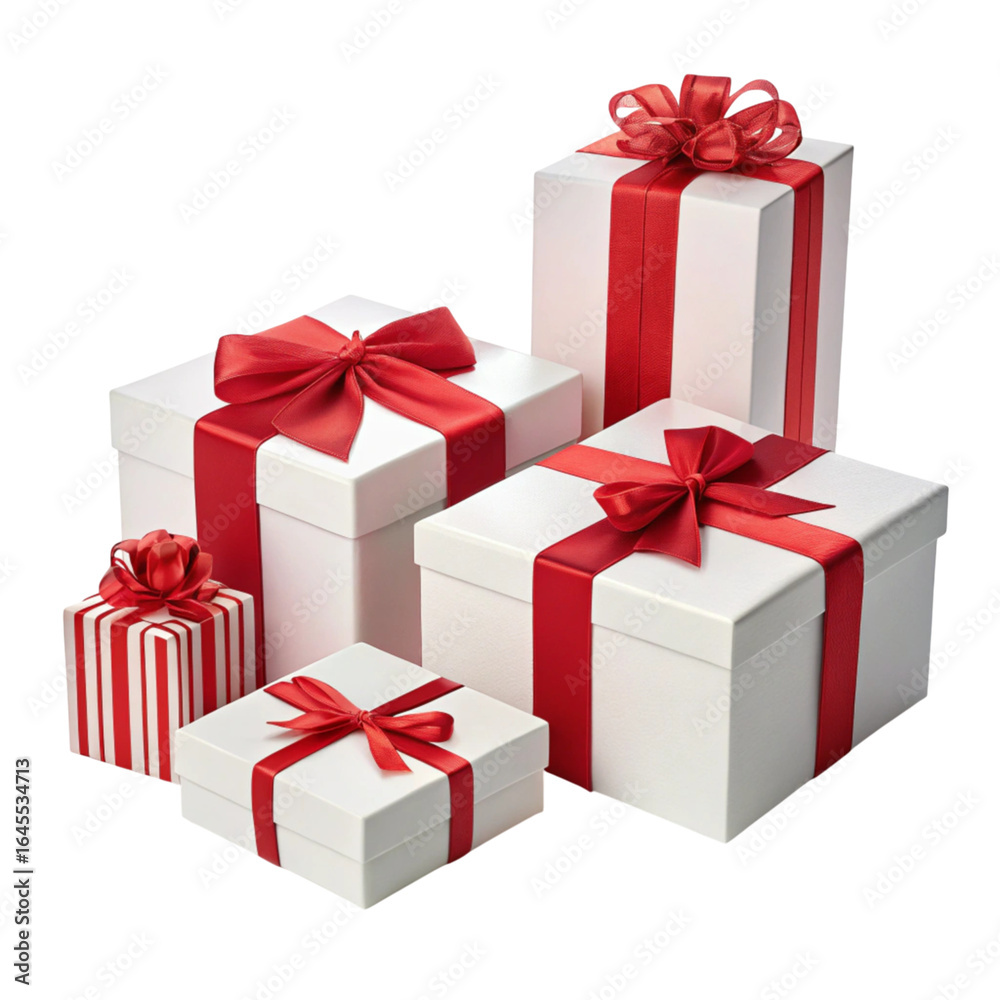 Obraz premium Group of white gift boxes with red ribbons isolated on transparent background