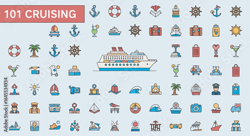 A vibrant collection of cruise ship and vacation icons, illustrating the joys of ocean travel.