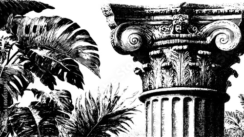 Corinthian column capital with palm leaves in black and white. Vintage architectural ornament and botanical vector illustration.