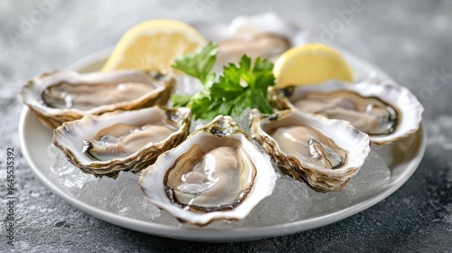 Oysters on ice with lemon and parsley