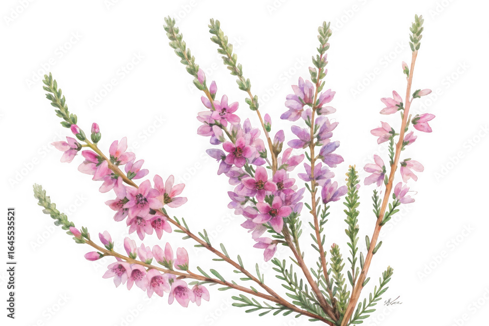 Obraz premium Delicate pink heather blossoms on thin stems isolated on transparent background