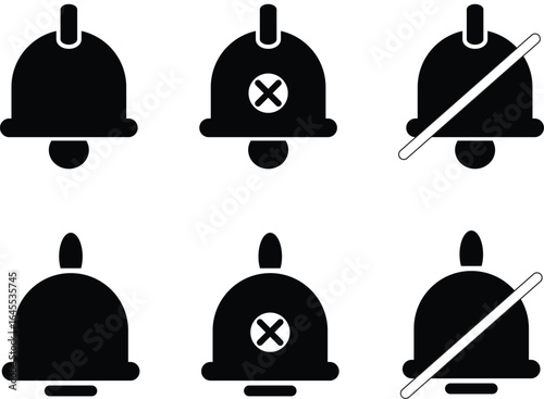Set of black bell icons in flat style, representing notification, disabled notification, and muted alerts.
