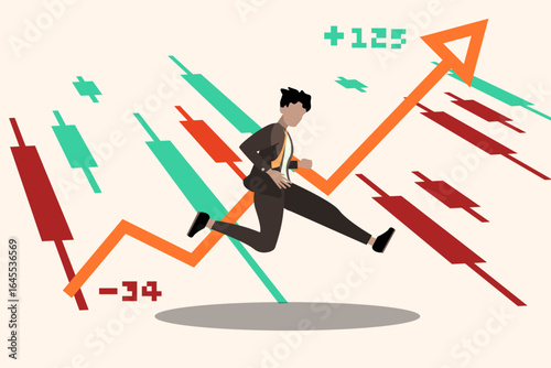 A businessman is jumping on a background showing a business growth graph flat design