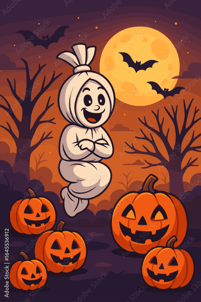 Fototapeta premium Pocong Halloween Night with Glowing Pumpkins